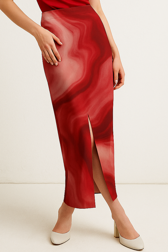 Crimson Marble High-Slit Midi Skirt