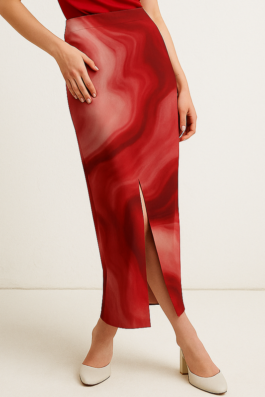 Crimson Marble High-Slit Midi Skirt