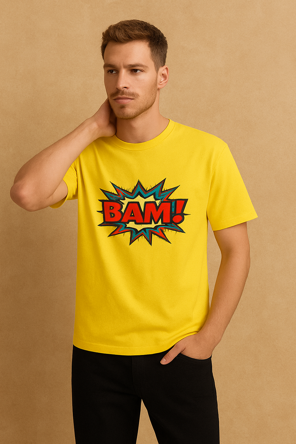 BAM! Graphic Print T-Shirt – Mustard and Golden Yellow, Black & Maroon