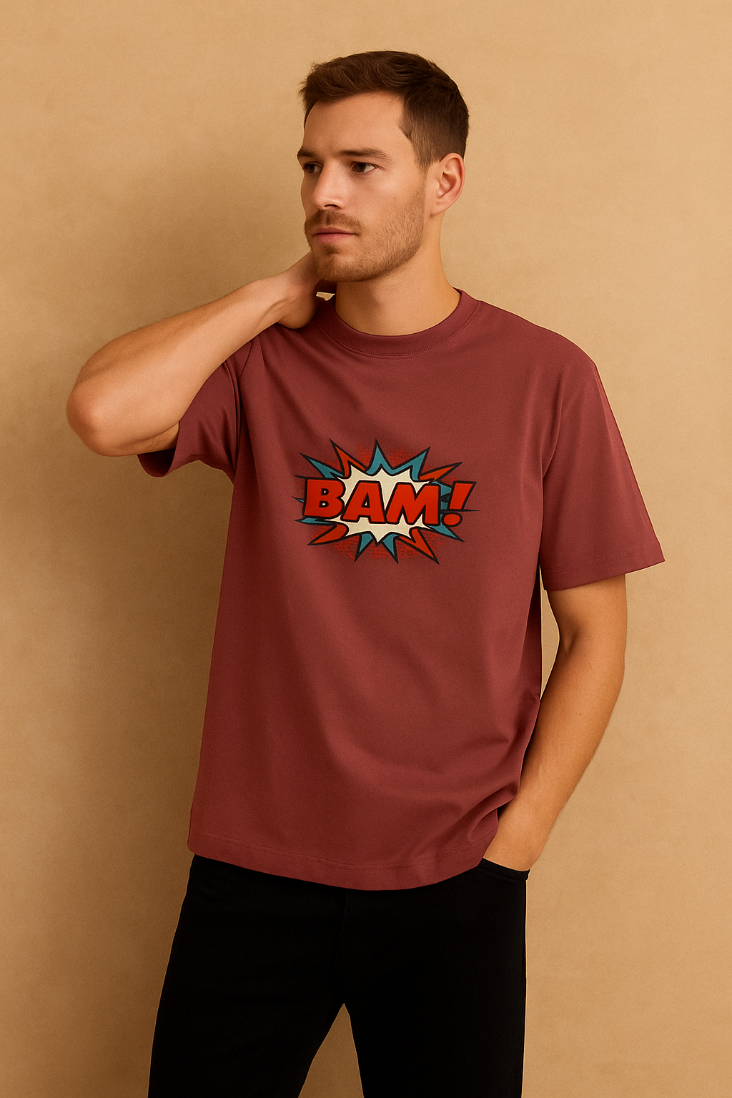 BAM! Graphic Print T-Shirt – Mustard and Golden Yellow, Black & Maroon