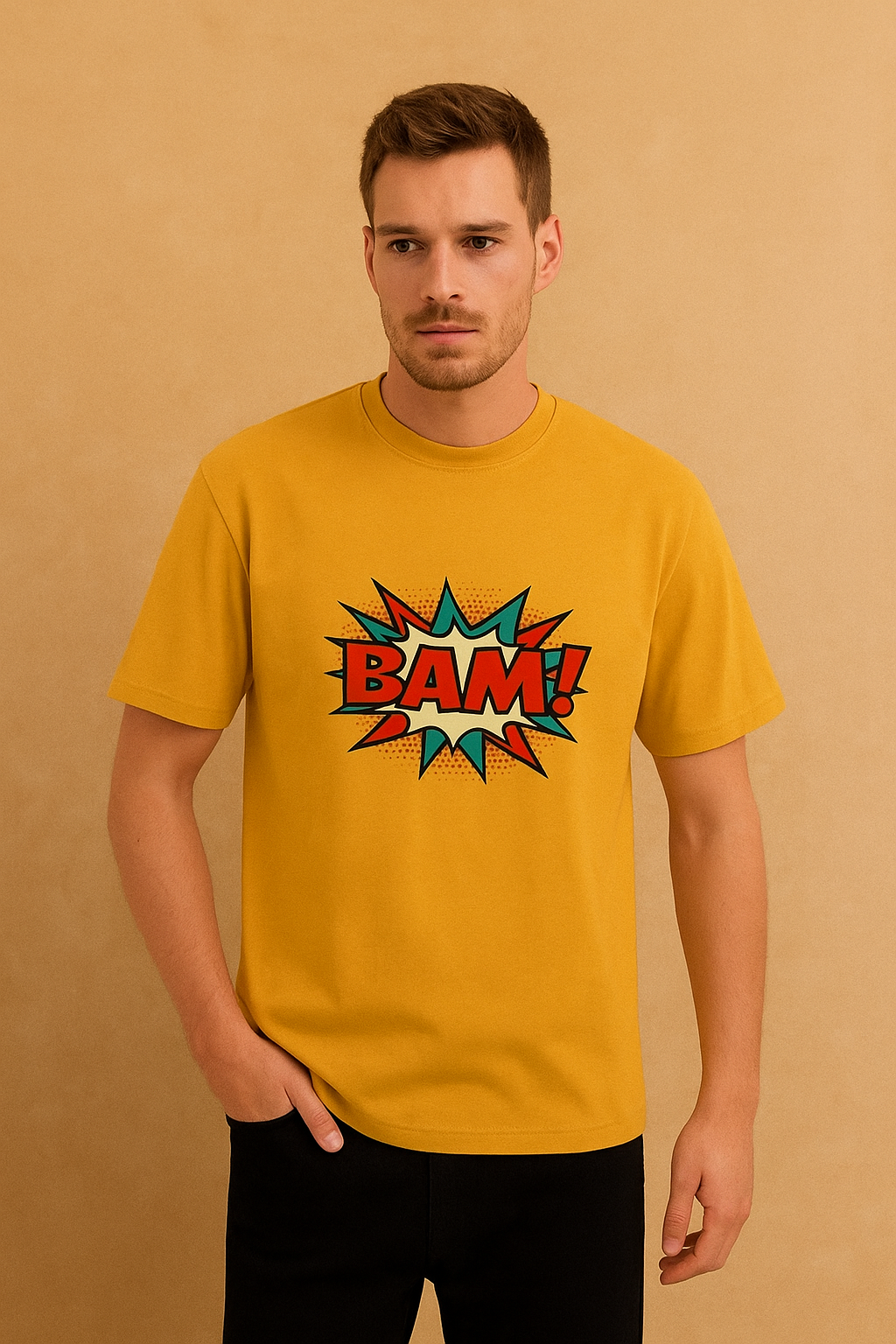 BAM! Graphic Print T-Shirt – Mustard and Golden Yellow, Black & Maroon