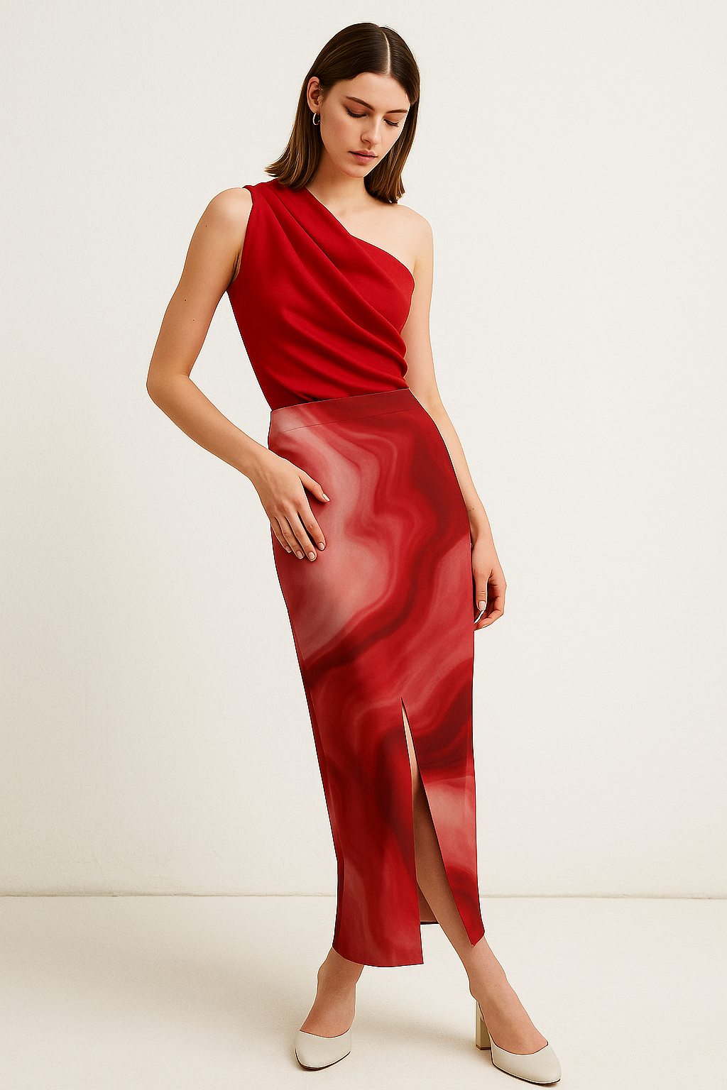 Crimson Marble High-Slit Midi Skirt
