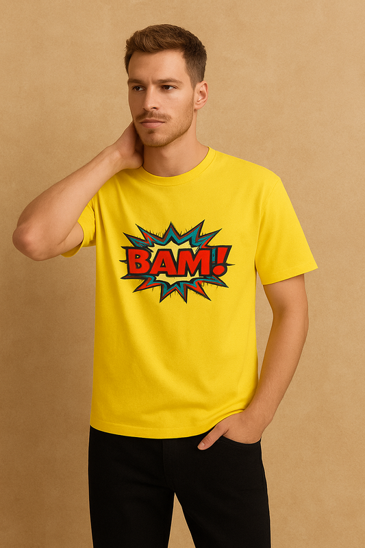BAM! Graphic Print T-Shirt – Mustard and Golden Yellow, Black & Maroon