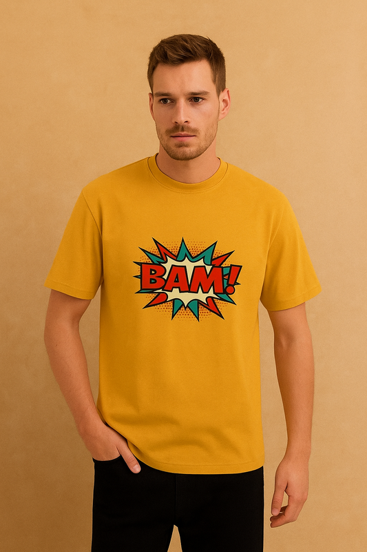 BAM! Graphic Print T-Shirt – Mustard and Golden Yellow, Black & Maroon